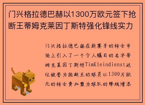 门兴格拉德巴赫以1300万欧元签下抢断王蒂姆克莱因丁斯特强化锋线实力